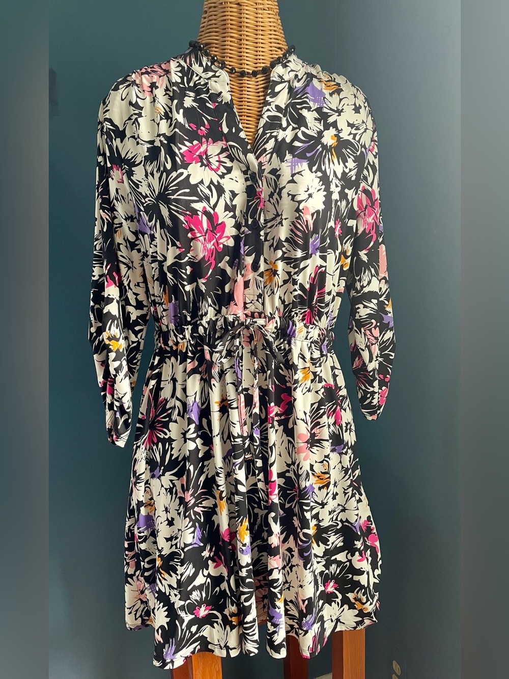 Robert Louis Stretch Bkack White Floral Drawstring Waist Dress 3/4 Sleeve Size L
